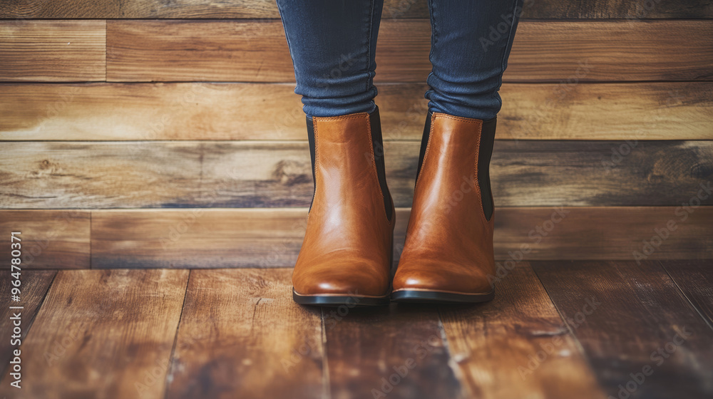 Stylish Chelsea boots against a wooden backdrop. These trendy shoes are perfect for any fashion-forward woman. Stylish Chelsea boots against a wooden backdrop. These trendy shoes are perfect for any fashion-forward woman.