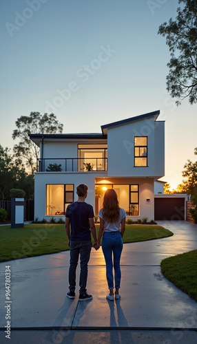 Back view of a couple holding hands, walking towards their new house at sunset.
