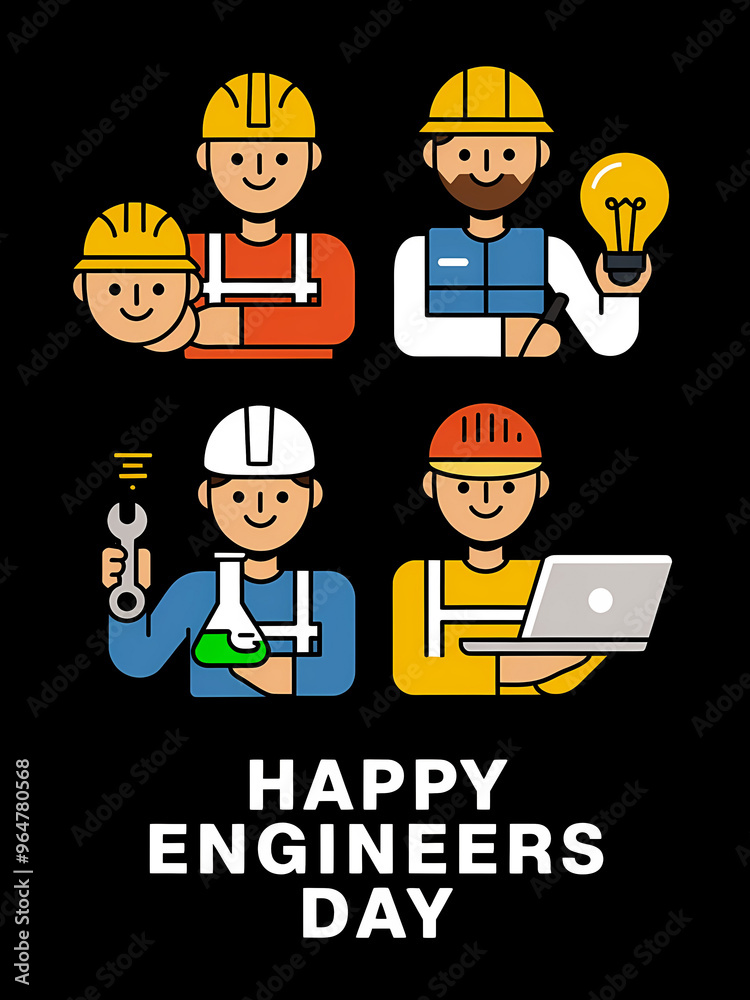 Happy Engineers Day text wishes poster in abstract black background with engineers of different streams, graphic design illustration wallpaper