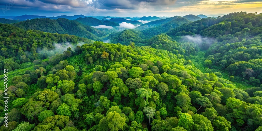 Aerial View of Lush Green Forest Canopy with Morning Mist, Forest, Nature, Canopy Aerial View of Lush Green Forest Canopy with Morning Mist, Forest, Nature, Canopy