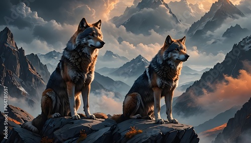 Two majestic wolves stand dominantly on a rocky mountain peak with a breathtaking view of snow-capped mountains under a beautiful sunset sky filled with clouds. photo