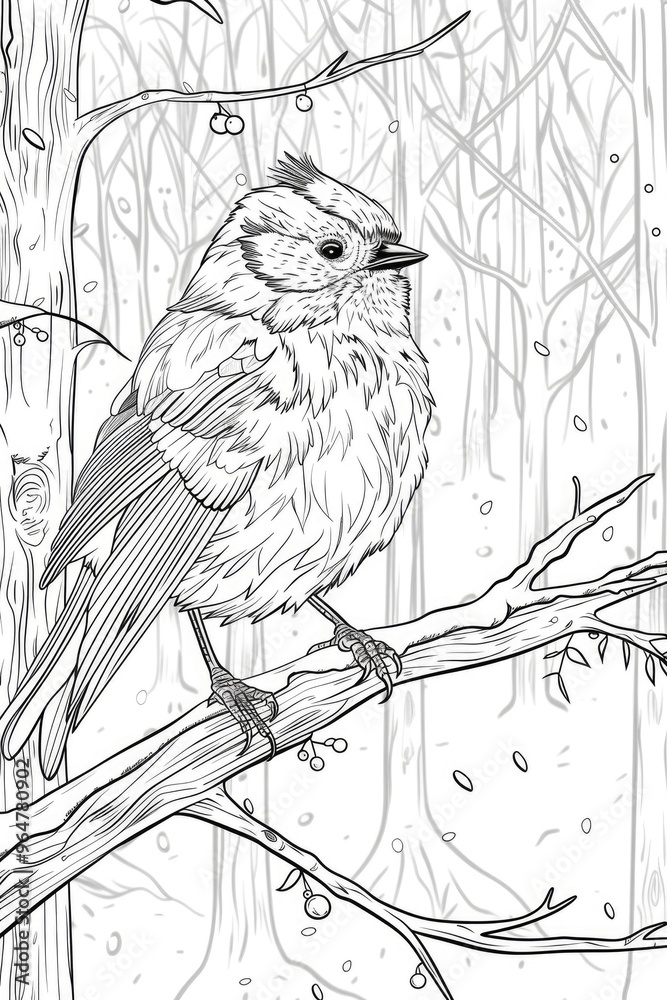 Coloring book illustration of a Eurasian Blue Tit in a winter forest setting Coloring book illustration of a Eurasian Blue Tit in a winter forest setting