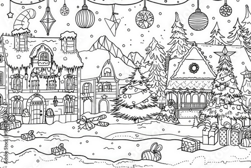 Wallpaper Mural Coloring book illustration of a festive Christmas scene with beautiful decorations and holiday elements Torontodigital.ca