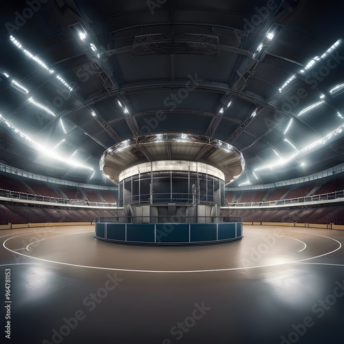 A spacious and empty indoor arena illuminated by bright overhead lights, showcasing a central circular structure, representing anticipation and readiness for an event. photo