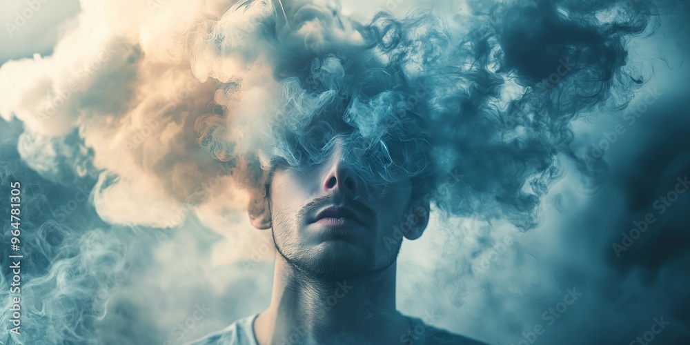 A person's head is surrounded by colorful smoke and clouds, creating a surreal and mysterious atmosphere. A person's head is surrounded by colorful smoke and clouds, creating a surreal and mysterious atmosphere.
