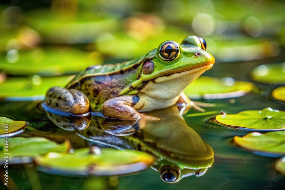 Frog resting on lily pads in a serene pond during a sunny afternoon. Generative AI Frog resting on lily pads in a serene pond during a sunny afternoon. Generative AI