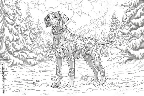 Coloring book illustration of a dog made of ceramic in a snowy scene