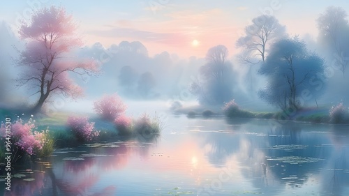 Serene landscape with a river flowing through a forest, surrounded by pink and purple cherry blossoms, and a pink and purple sky. 