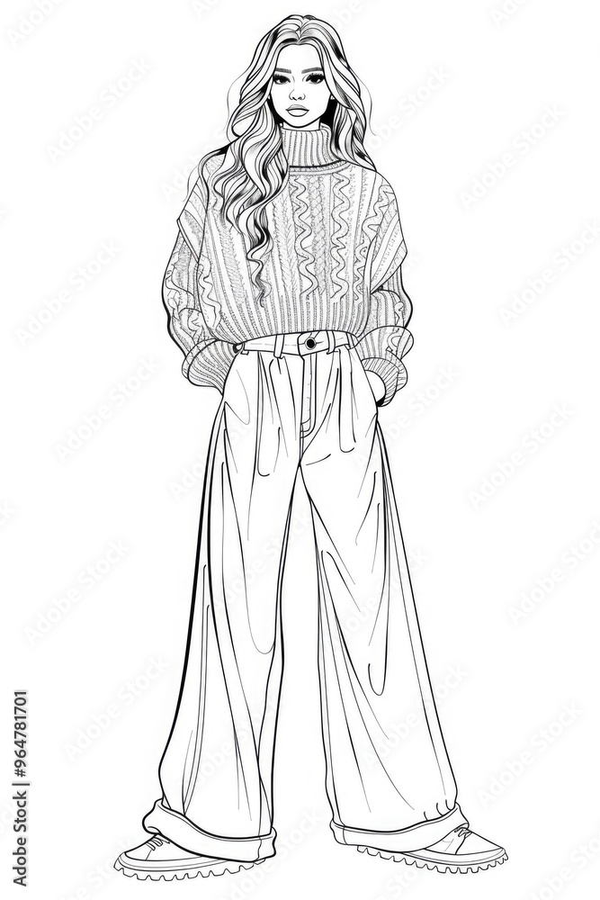 Coloring book illustration of a fashionable young woman wearing a cozy winter sweater and wide pants Coloring book illustration of a fashionable young woman wearing a cozy winter sweater and wide pants