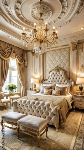 Elegant luxury bedroom with glamorous decor and ornate chandelier in morning light. Generative AI