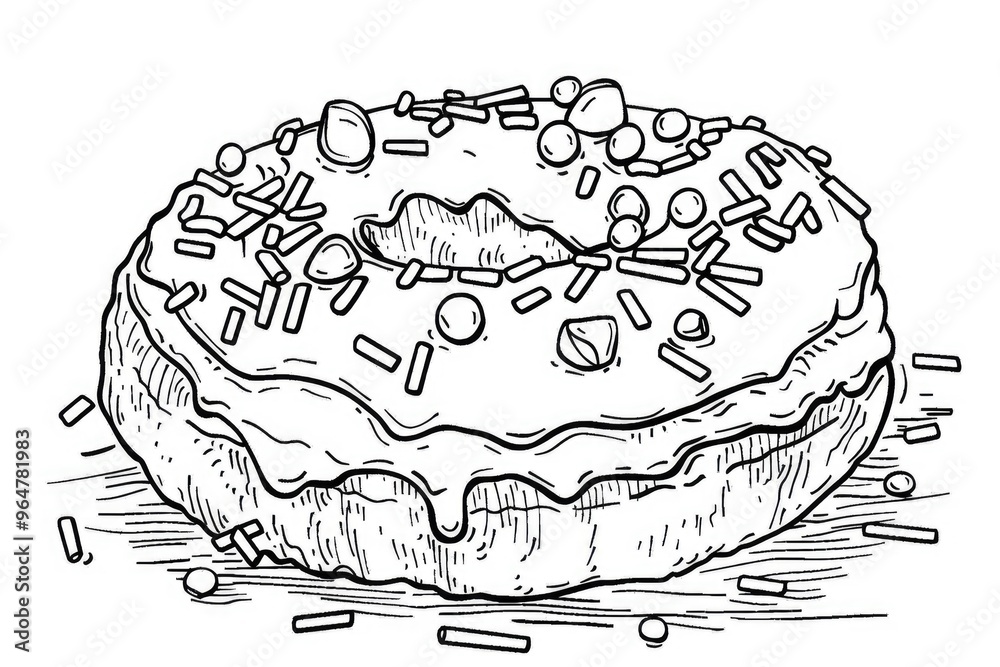 Coloring book illustration of a donut topped with colorful sprinkles and icing Coloring book illustration of a donut topped with colorful sprinkles and icing