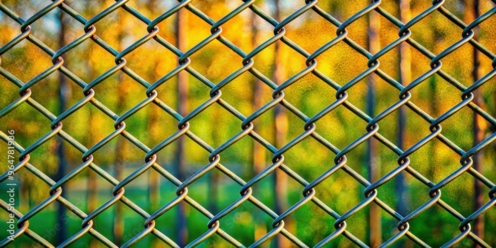 Fototapeta premium Chain Link Fence with Blurred Green and Yellow Background, fence, mesh, diamond