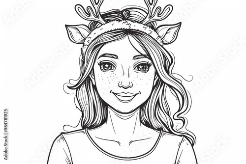 Coloring book illustration of a cheerful young woman with a Christmas reindeer headband on a plain background photo