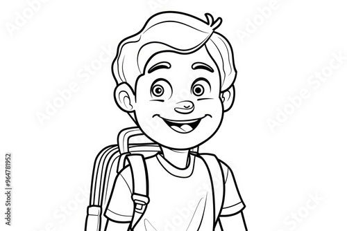 Coloring book illustration of a cheerful young student with a school bag smiling joyfully