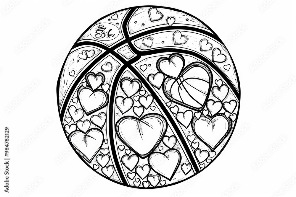 Coloring book illustration of a basketball and heart design for a romantic theme Coloring book illustration of a basketball and heart design for a romantic theme