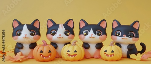 Halloween Cats surrounded by teeny pumpkin lanterns and scarecrows photo