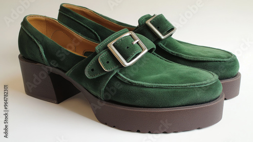 These stylish green suede shoes have a strap and buckle, a thick high heel, and a platform.  They're on sale!  You can also get your suede and nubuck shoes repaired and cared for. photo