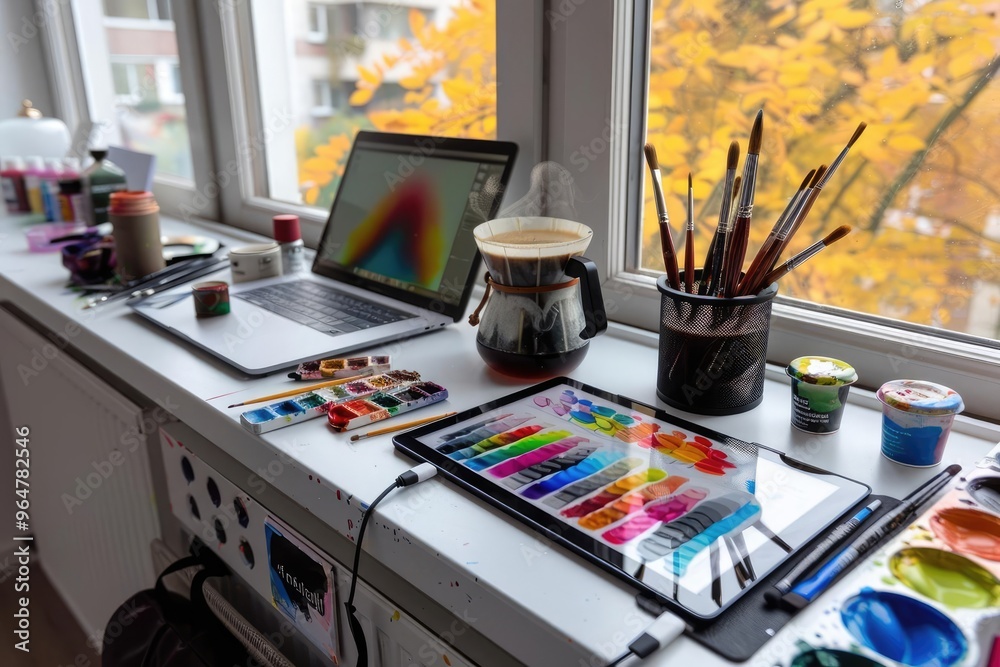 An artists workspace by the window with a digital art tablet connected to a laptop, a steaming coffee pot, and vibrant paints and brushes scattered around An artists workspace by the window with a digital art tablet connected to a laptop, a steaming coffee pot, and vibrant paints and brushes scattered around