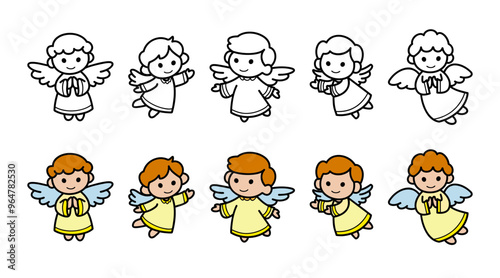 Cute cartoon angel character set, various poses, perfect for Christmas card, religious themed, cute hand drawn illustration.