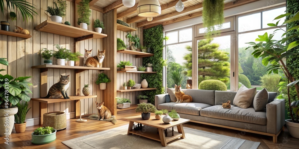 Fototapeta premium Cozy Cat-Filled Living Room with Greenery, 3D Render, Interior Design, Cats, Plants, Natural Light, Green