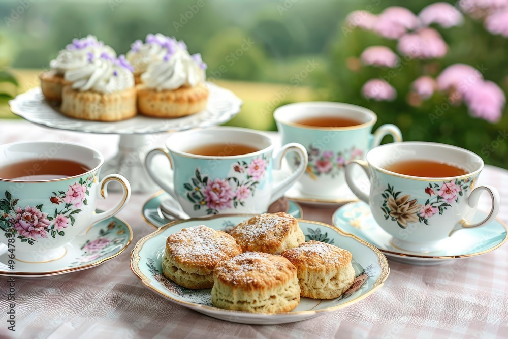 An elegant tea party graduation celebration at home, with vintage teacups, scones, and a garden view, sophisticated and charming An elegant tea party graduation celebration at home, with vintage teacups, scones, and a garden view, sophisticated and charming