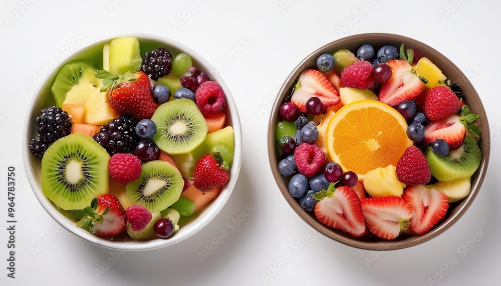 close up top view of fruit salad in a bowl, Bundle of two fruit salad bowls close up top view of fruit salad in a bowl, Bundle of two fruit salad bowls