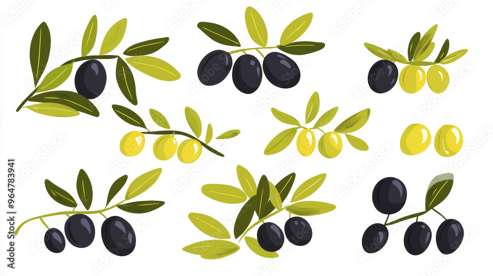 This set includes black and green olives drawn in a flat style. It features an olive branch with leaves and berries, perfect for designing olive oil products, packaging, or food-related projects. This set includes black and green olives drawn in a flat style. It features an olive branch with leaves and berries, perfect for designing olive oil products, packaging, or food-related projects.