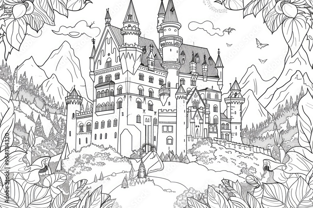 Coloring book illustration of a castle surrounded by autumn scenery Coloring book illustration of a castle surrounded by autumn scenery