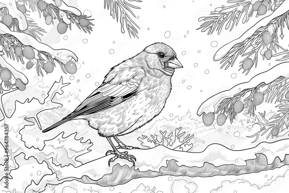 Coloring book illustration of a bullfinch amidst a snowy winter scene Coloring book illustration of a bullfinch amidst a snowy winter scene