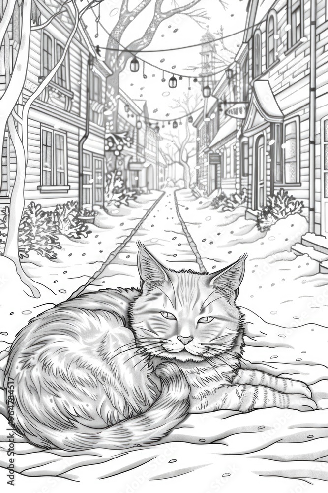 Naklejka premium Coloring book illustration of a brown cat resting in a snowy winter street scene