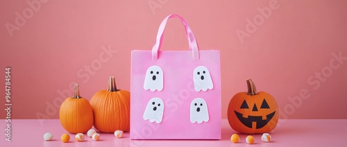 Cute ghost and pumpkin Halloween candy bags with pastel color concept and copy space for text overlay in a Kawaii style