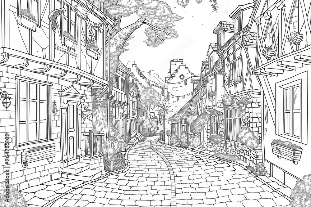 Coloring book illustration of a charming street in a historic town Coloring book illustration of a charming street in a historic town
