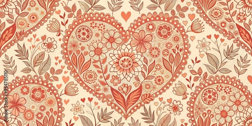 Floral Heart Pattern - Red and Yellow, Digital Art, Seamless, Love, Valentine's Day, Flowers