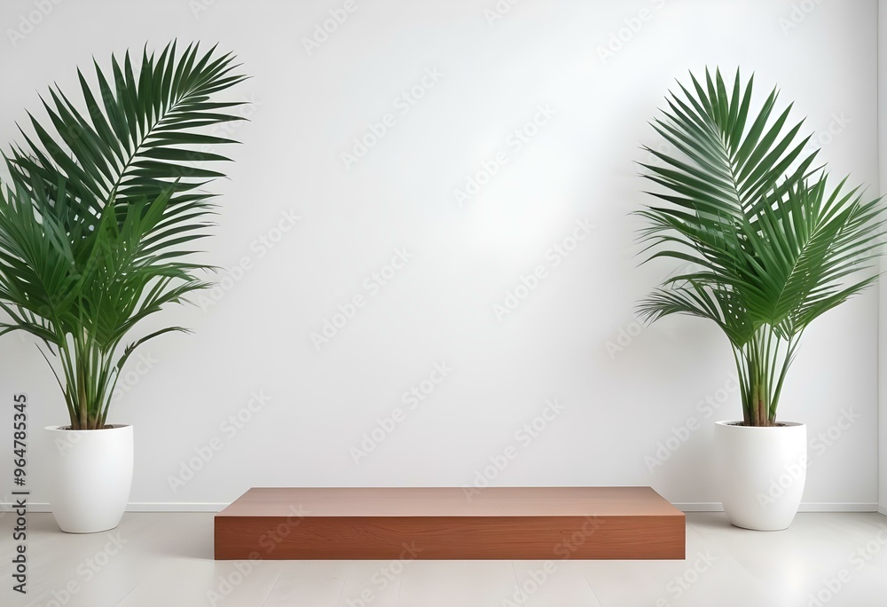 White podium with a sleek wooden top, complemented by fresh green palm leaves, in a modern gallery space with a stark white background. White podium with a sleek wooden top, complemented by fresh green palm leaves, in a modern gallery space with a stark white background.