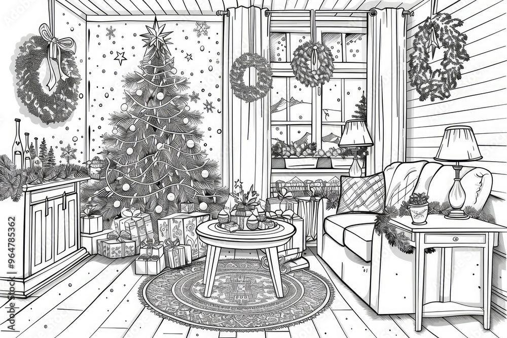 Fototapeta premium Coloring book illustration of a cozy home interior featuring Christmas wreaths and a Christmas tree Festive designs for winter holiday celebrations