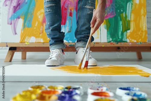 Artist painting a canvas with brushes attached to their feet, vibrant studio, medium closeup, playful expression, sense of experimentation, unconventional technique, photo