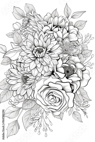 Coloring book illustration of a bouquet featuring luxurious roses and chrysanthemums A festive floral arrangement set against a light background perfect for coloring greetings and invitations