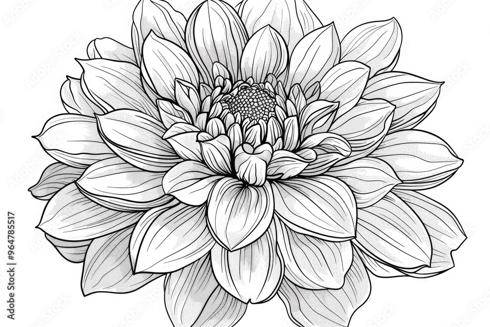 Coloring book illustration of a detailed flower in full bloom Coloring book illustration of a detailed flower in full bloom