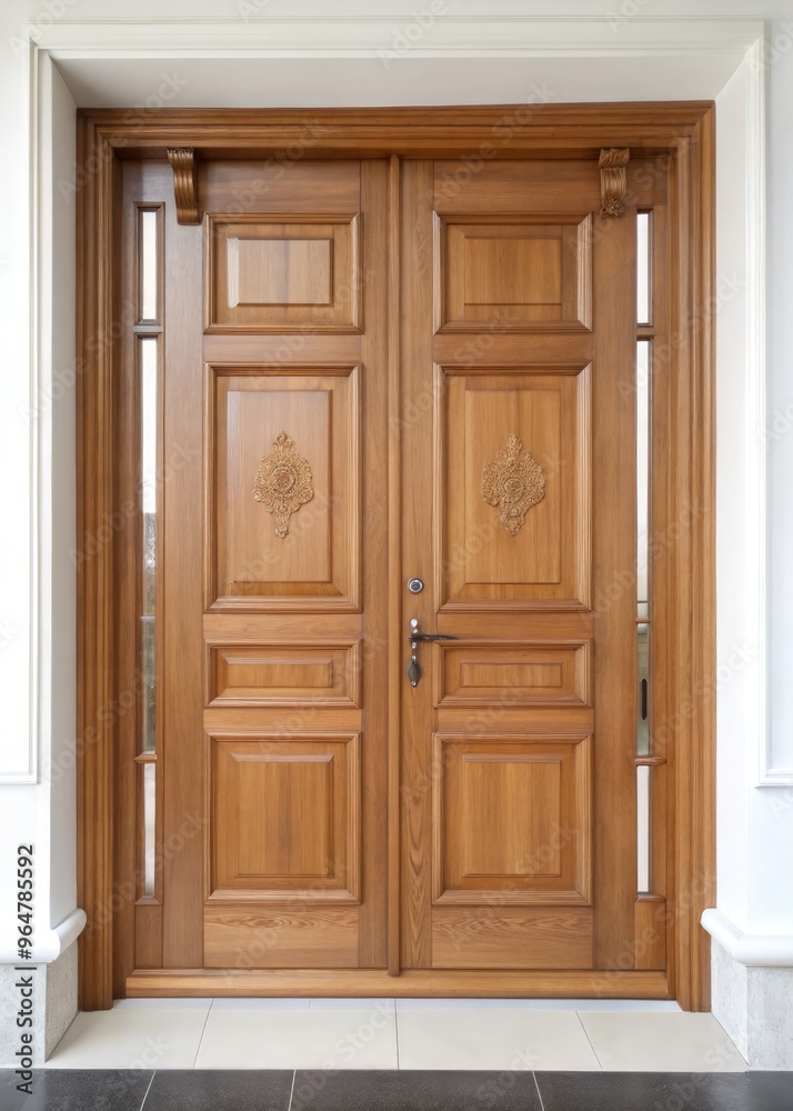 Beautiful wooden double door with detailed carvings at an entrance. Generative AI Beautiful wooden double door with detailed carvings at an entrance. Generative AI
