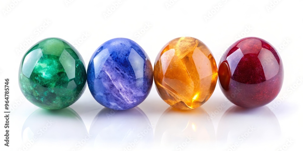 Four Gemstone Spheres in Vibrant Colors, Green, Blue, Yellow, Red, Mineral Collection, Gemstone