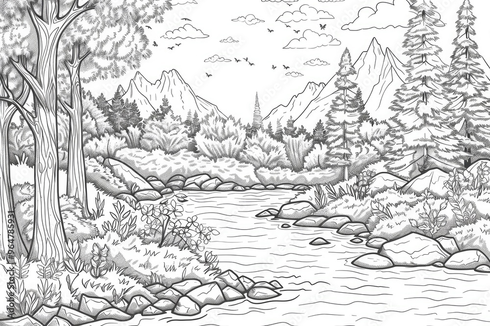 Obraz premium Coloring book illustration of a beautiful forest landscape in autumn