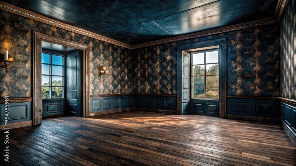 Spacious room with brown floor and pvc walls featuring large windows and bright light. Generative AI Spacious room with brown floor and pvc walls featuring large windows and bright light. Generative AI