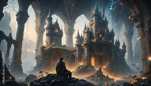 A person gazing at a grand mystical castle situated in a fantasy realm, surrounded by gothic ruins and an ethereal glow, symbolizing mystery and adventure.