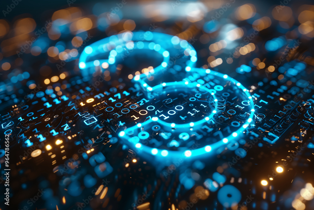 Glowing padlock icon over binary code. Concept of cybersecurity. Glowing padlock icon over binary code. Concept of cybersecurity.