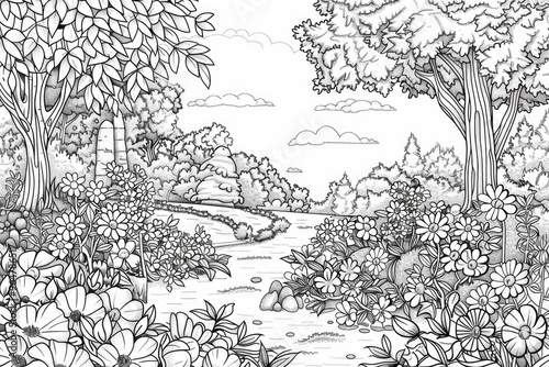 Coloring book illustration of a beautiful garden scenery with flowers and trees