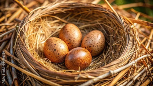 Close-up of four brown bird eggs nestled in a natural nest with twigs and grass. Generative AI