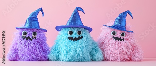 A cute and whimsical pair of pastel colored Halloween witches with oversized hats and fluffy cloud-like broomsticks! photo