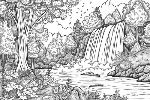 Coloring book illustration of a beautiful waterfall in an autumn forest