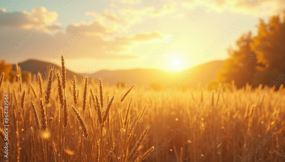 Fototapeta premium Autumn wheat field with golden hues and a wide open center perfect for placing inspirational quotes or seasonal promotional text in nature designs. Retro. Serene