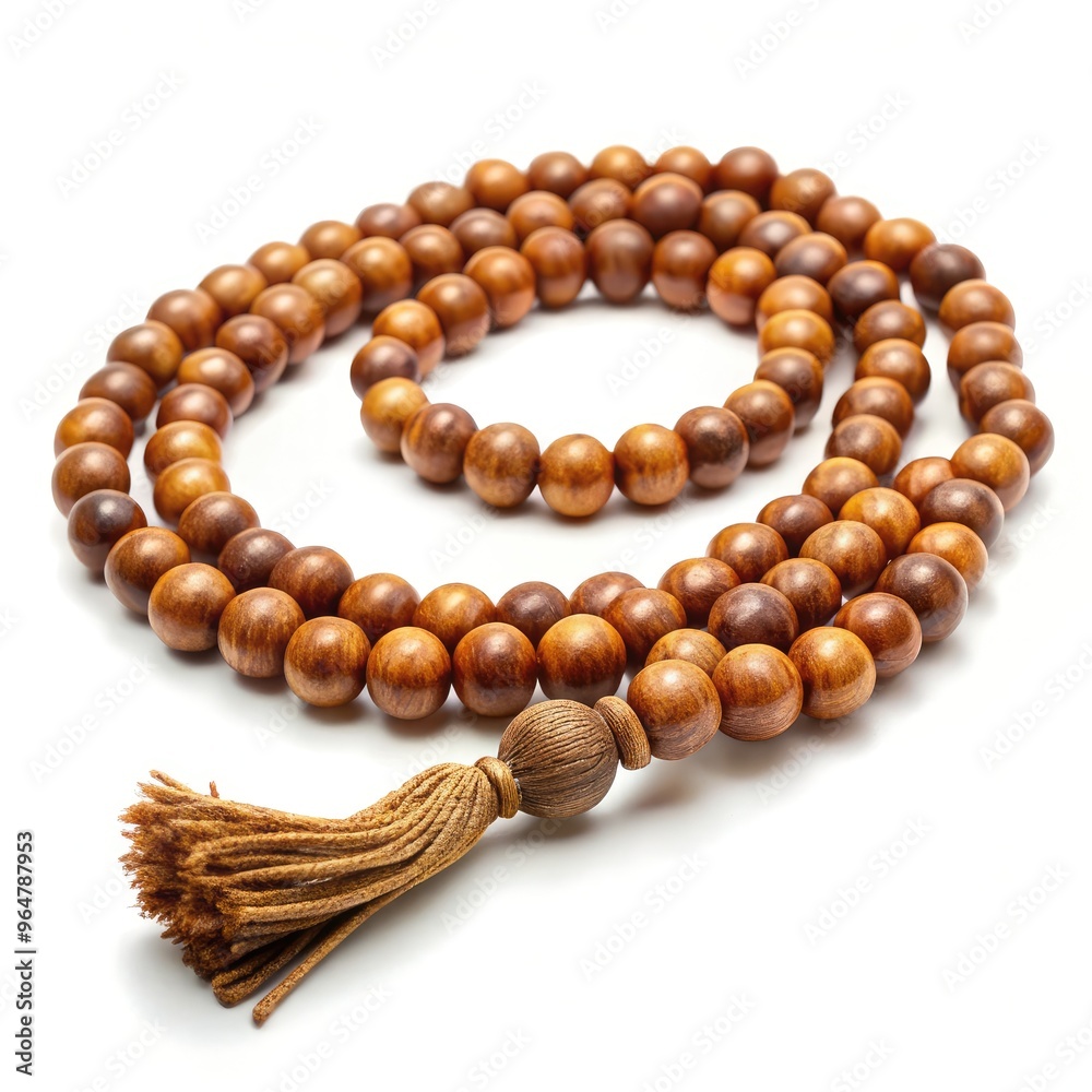 Wooden Islamic beads on a white background representing tasbih prayer practice. Generative AI Wooden Islamic beads on a white background representing tasbih prayer practice. Generative AI